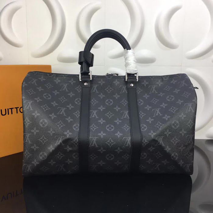 路易威登LV頂級原單41418 41416 41414黑花Keepall 旅行袋 銀色金屬飾件 YDH1917